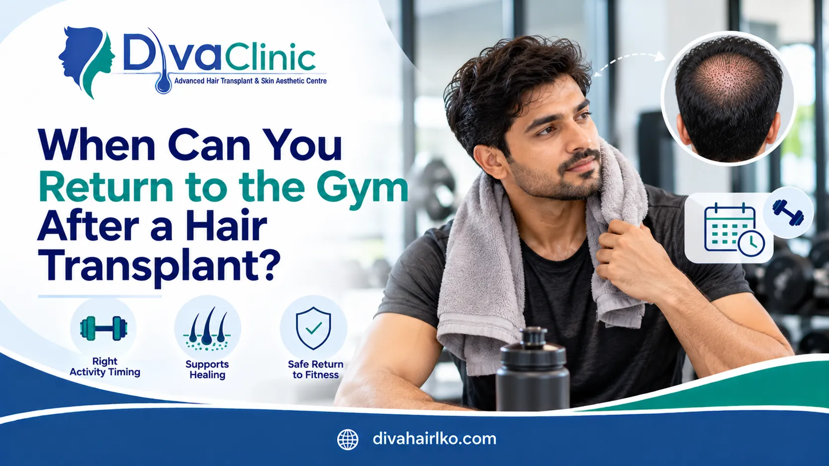 Man at a gym after hair transplant, with a visual timeline highlighting when it is safe to return to exercise and fitness activities.