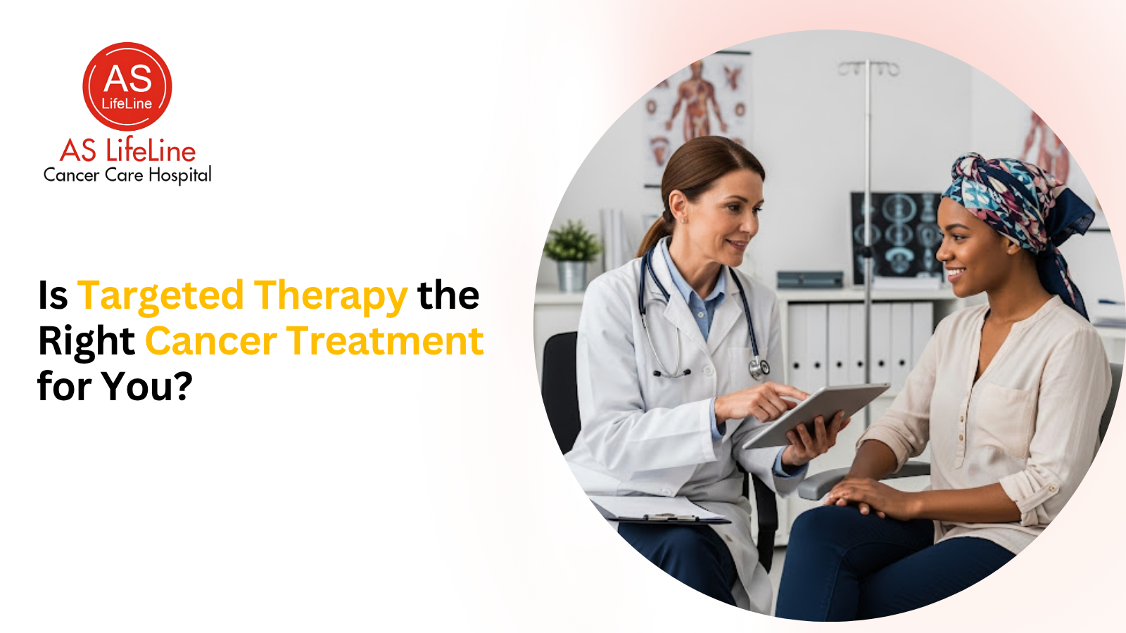 Doctor explaining targeted therapy benefits to cancer patient using tablet during oncology consultation in hospital setting