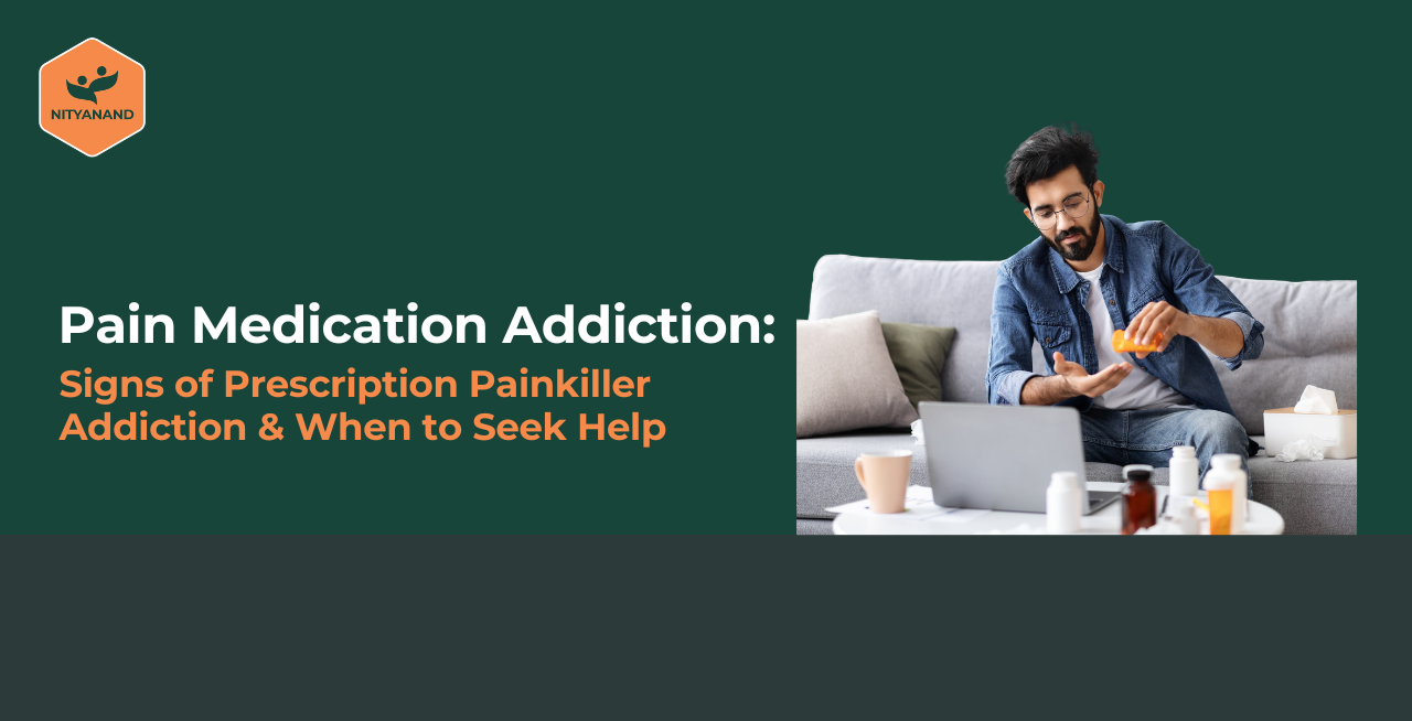 Man pouring prescription pills from a bottle alongside the text 