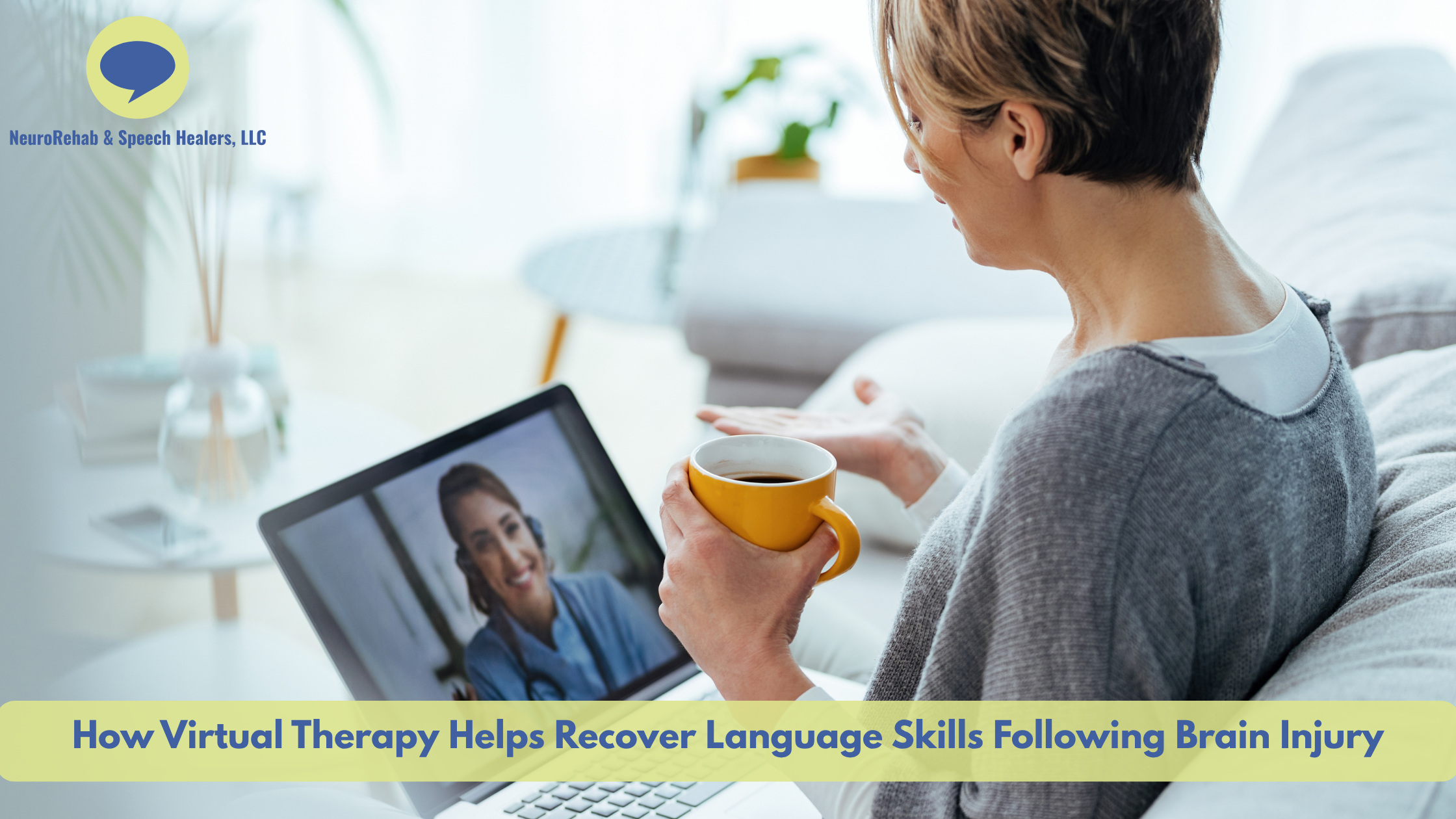 Patient improving speech and language skills through virtual therapy session after brain injury