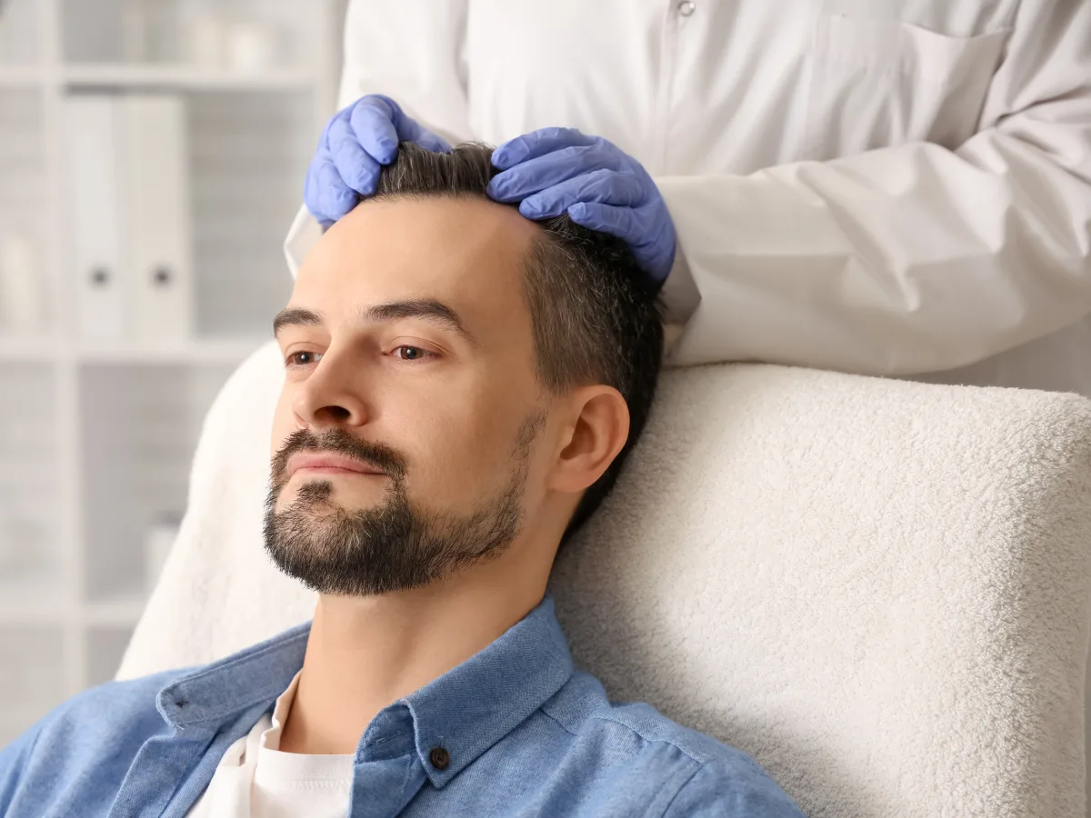 Dermatologist examining a patient’s hairline during a hair restoration consultation