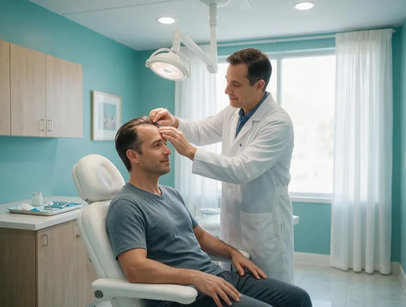 Dermatologist evaluating a patient's scalp and hairline