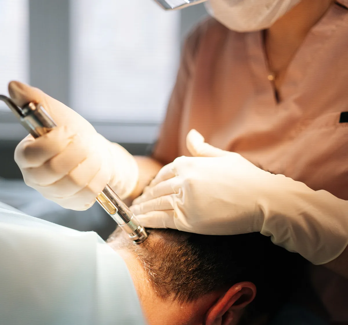 Close-up of hair restoration surgery being performed on the donor area at the back of the scalp