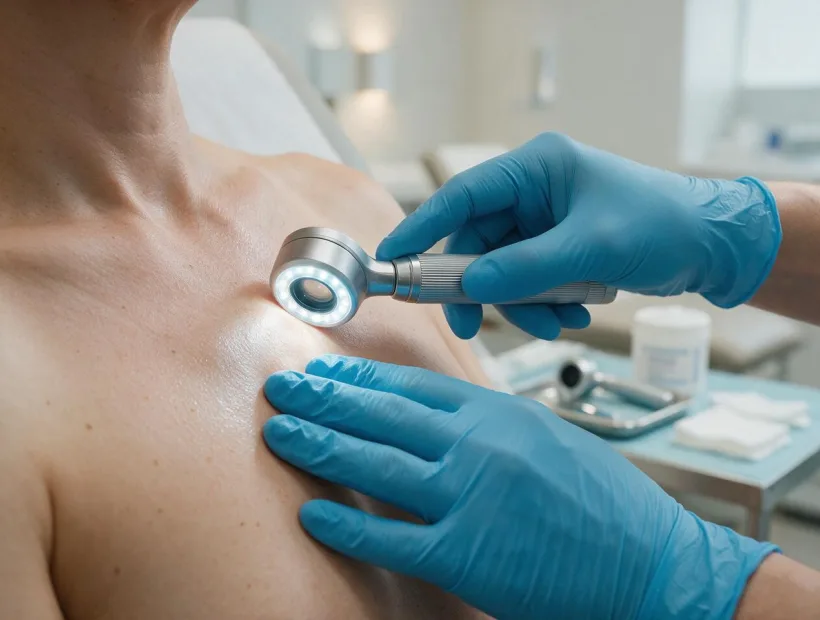 Dermatologist examining a patient's skin with a dermatoscope