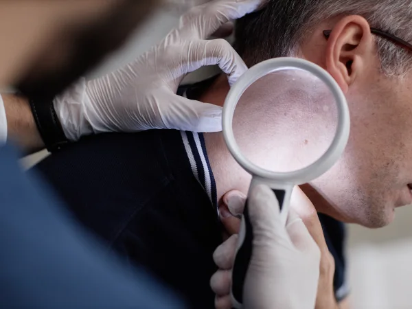 Dermatologist assessing a lesion on a patient's ear with a magnifier