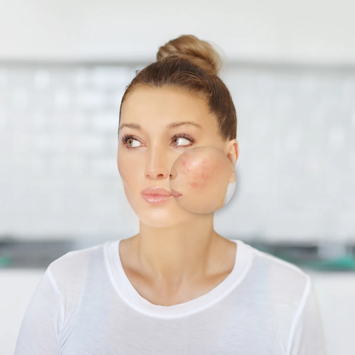Young woman with persistent rosacea redness across her cheeks