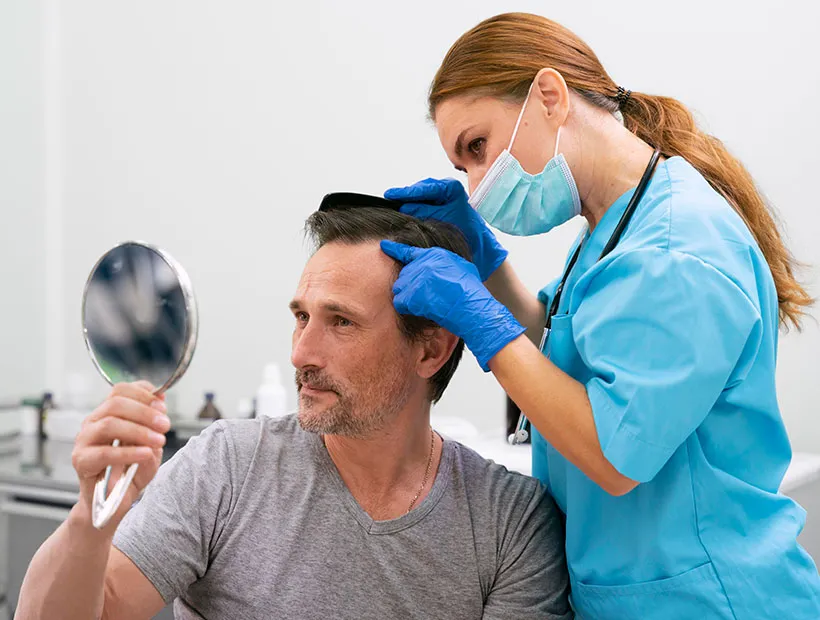 Provider assessing a patient's scalp and hair density