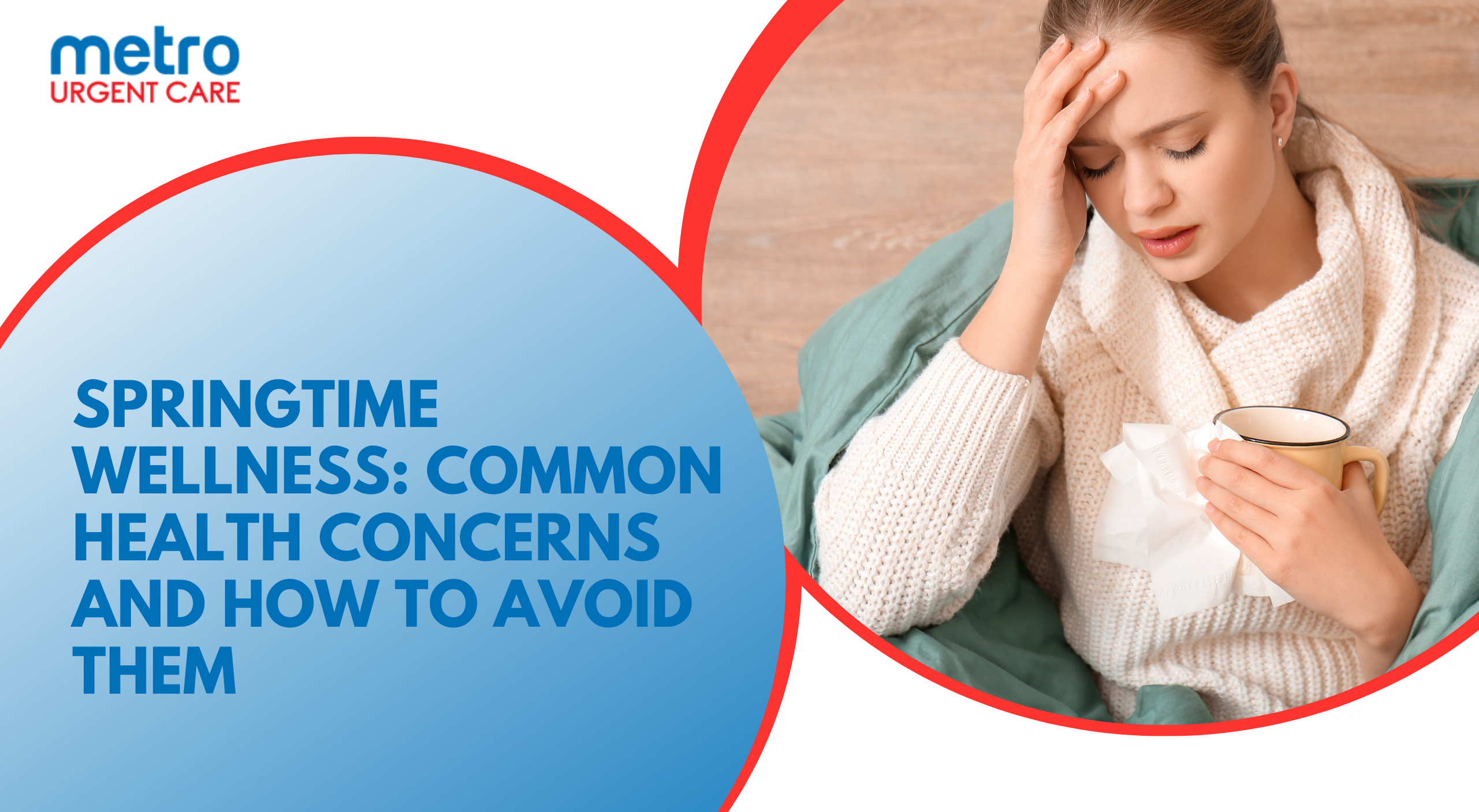 Woman with headache holding tissue and mug, highlighting springtime health concerns.