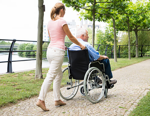 Female caregiver with elderly on wheelchair