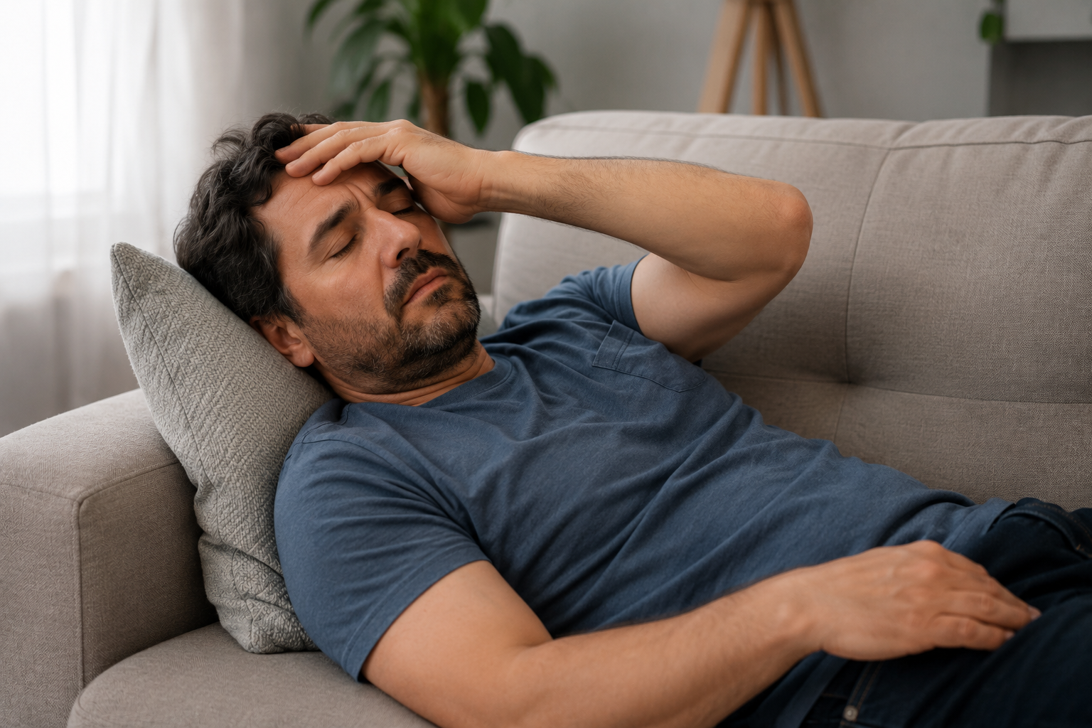 Why Does Fibromyalgia Cause Extreme Fatigue? Man with fibromyalgia experiencing extreme fatigue while resting on a sofa