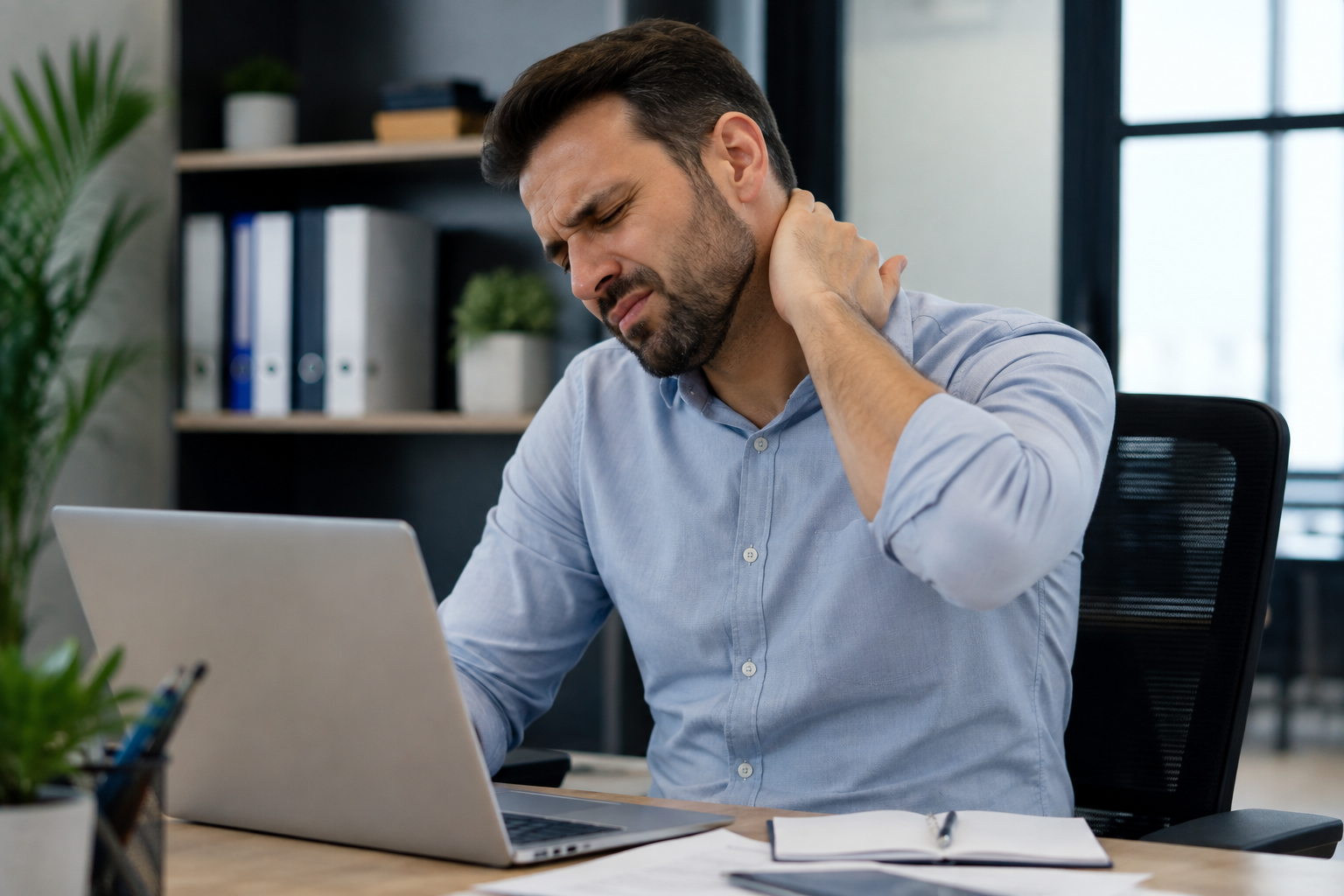 Is Your Desk Job Causing Neck Pain? Understanding Neck Pain from Desk Jobs Office worker experiencing neck pain after sitting at a desk for long hours