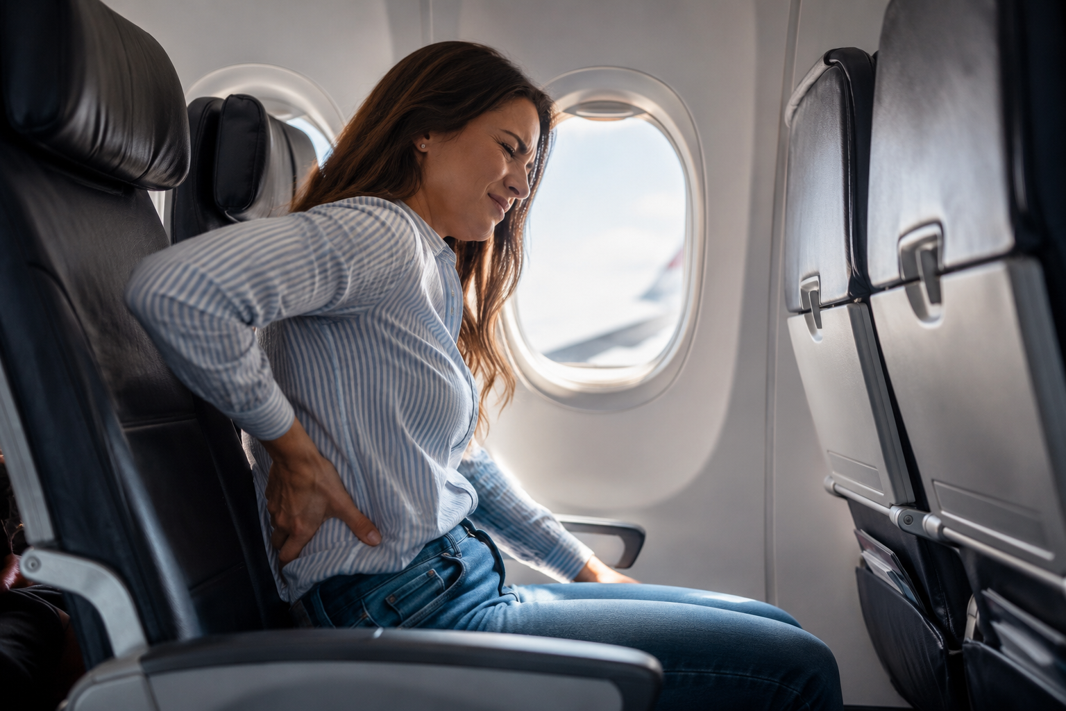 Passenger stretching during travel to relieve sciatic nerve pain