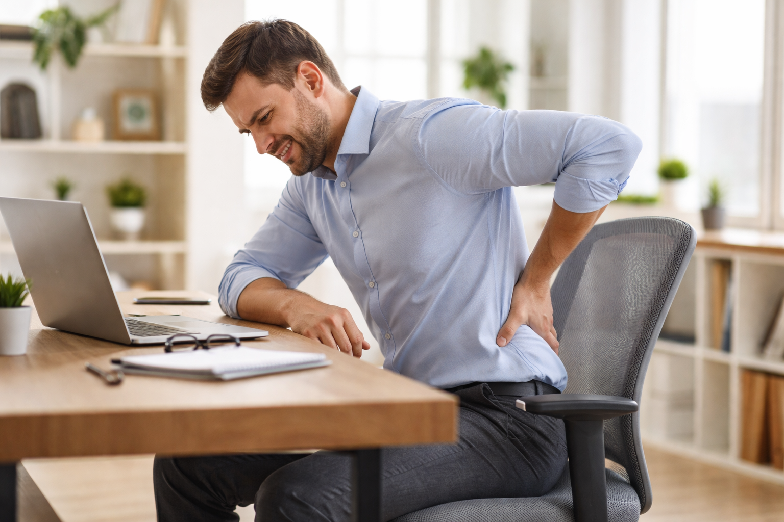 Why Does Lower Back Pain Get Worse After Sitting? Causes and Treatment Options Person experiencing lower back pain while sitting at a desk due to poor posture and prolonged sitting