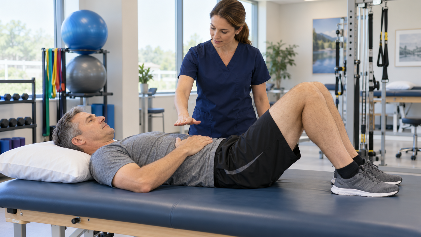 Physical Therapy After an Epidural Steroid Injection: Using the Relief Window Physical therapist guiding a patient through gentle core strengthening exercises after a spine injection