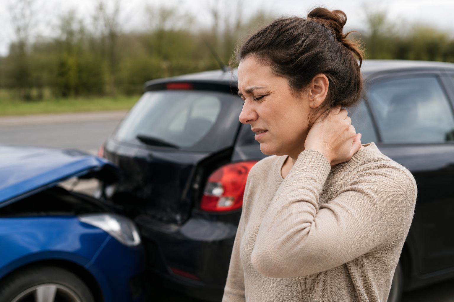 Why Pain Can Appear Days After a Car Accident and When to Seek Treatment Woman holding her neck due to delayed pain after a car accident