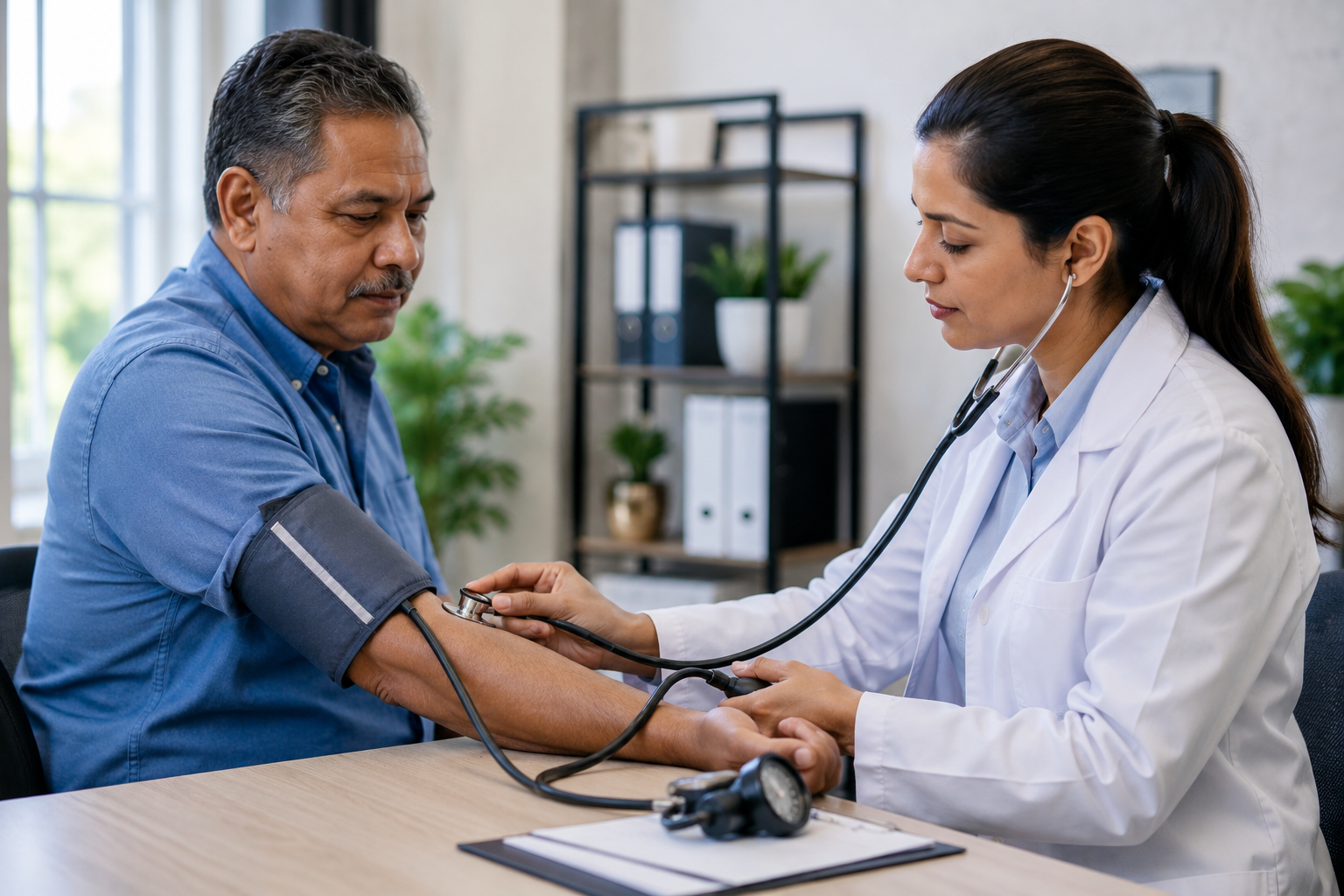 5 Essential Steps for Hypertension Prevention and Effective Management Doctor checking a patient’s blood pressure during a preventive healthcare visit focused on hypertension management and heart health.