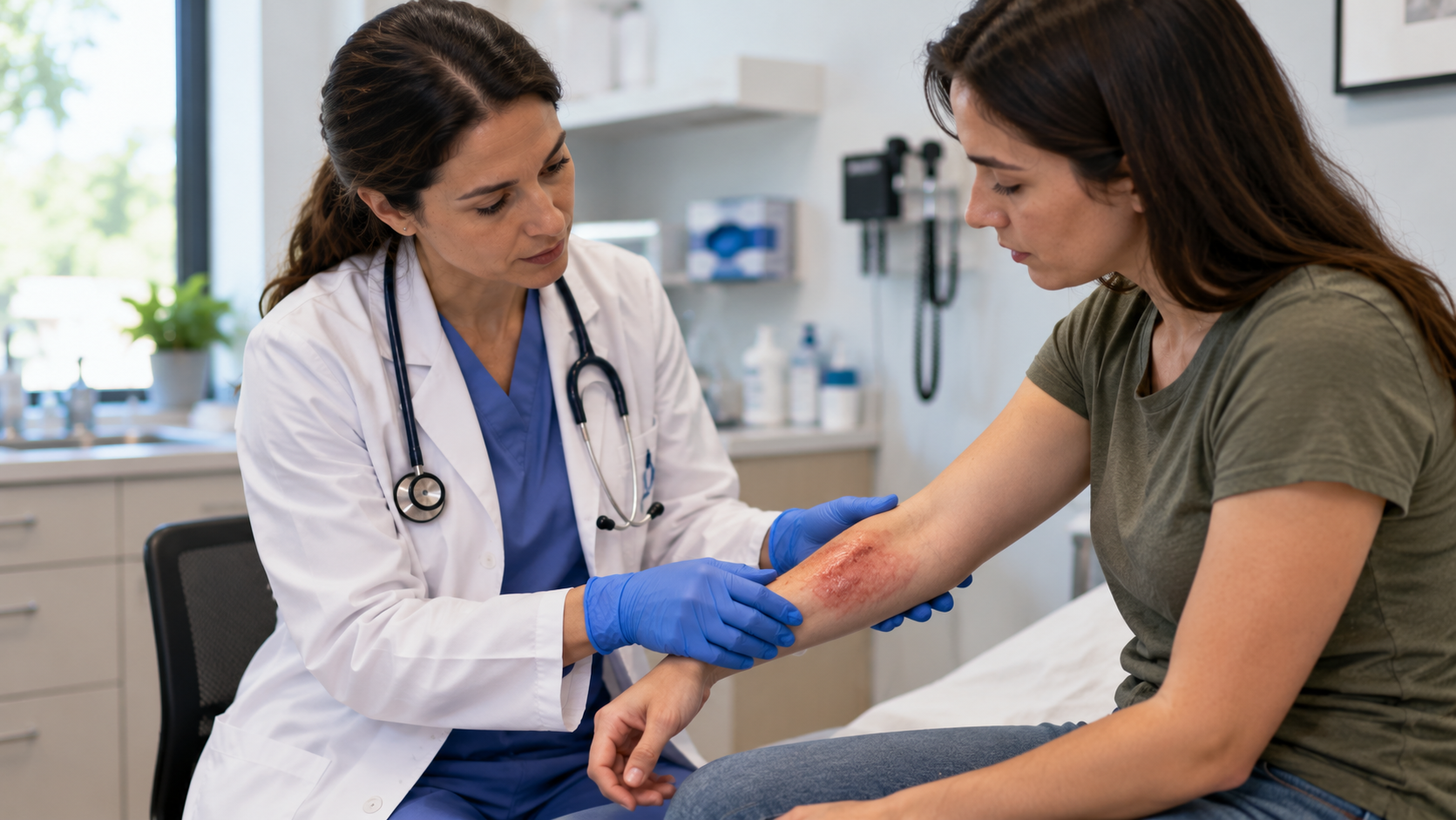 First Degree vs. Second Degree Burns: How to Tell the Difference Doctor examining a patient’s forearm burn to assess severity