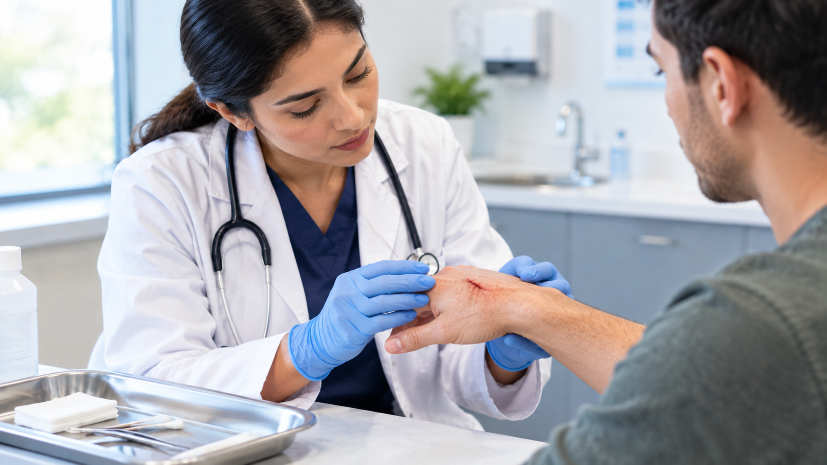 What to Do When a Cut or Wound Needs Stitches, Not Just a Band-Aid Doctor examining a patient's hand wound to determine if stitches are needed