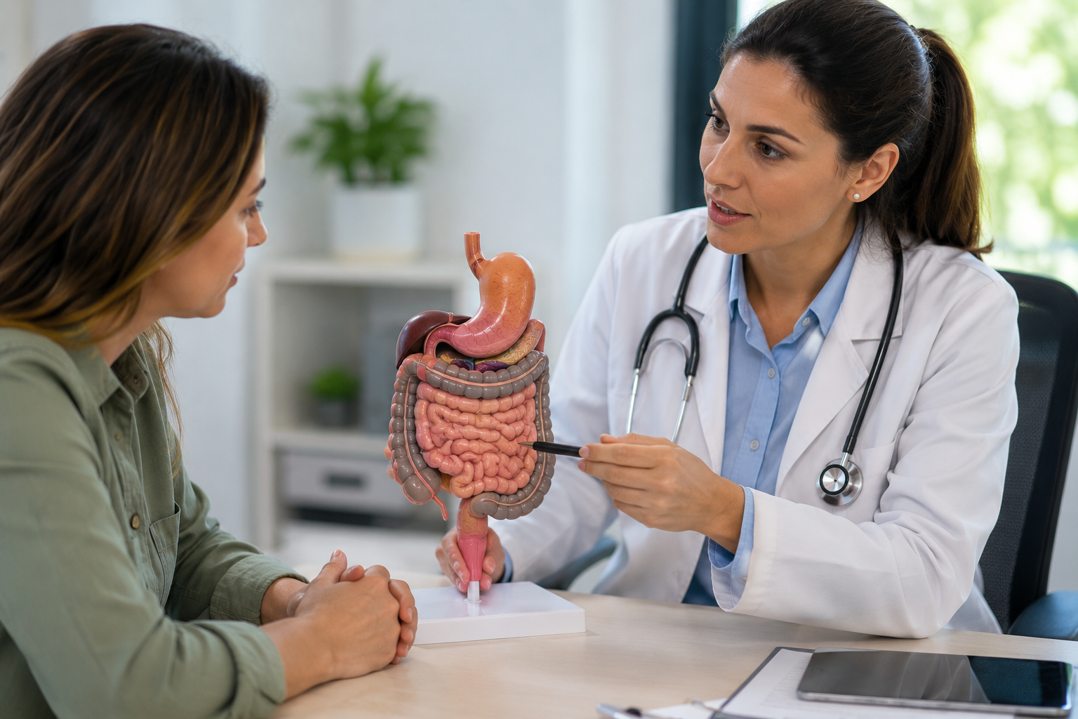 How Gut Health and Immune System Function Support Long-Term Chronic Disease Prevention Healthcare provider discussing gut health and immune system function with a patient using an anatomical digestive system model during a preventive care consultation.