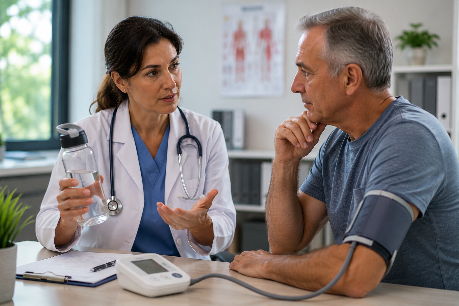 Is Dehydration the Hidden Cause of Your High Blood Pressure and Fatigue? Healthcare provider discussing hydration and blood pressure with an adult patient while reviewing a water bottle, blood pressure monitor, and wellness plan in a modern medical office.