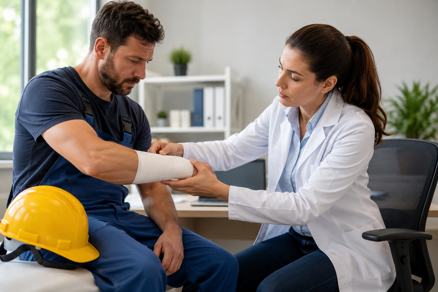 7 Things You Should Know About Work Injury Care and Recovery Healthcare provider discussing work injury recovery and rehabilitation plan with an injured employee during a medical consultation.