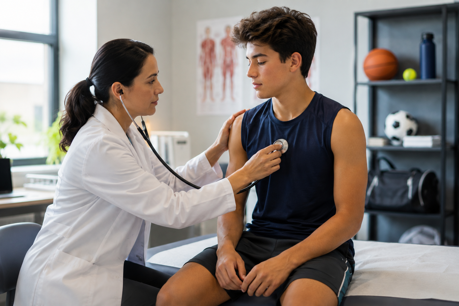 5 Things Every Student-Athlete Should Know Before a Sports Physical Healthcare provider performing a sports physical examination for a student-athlete, checking overall health, fitness, and readiness for athletic participation in a clinical setting.