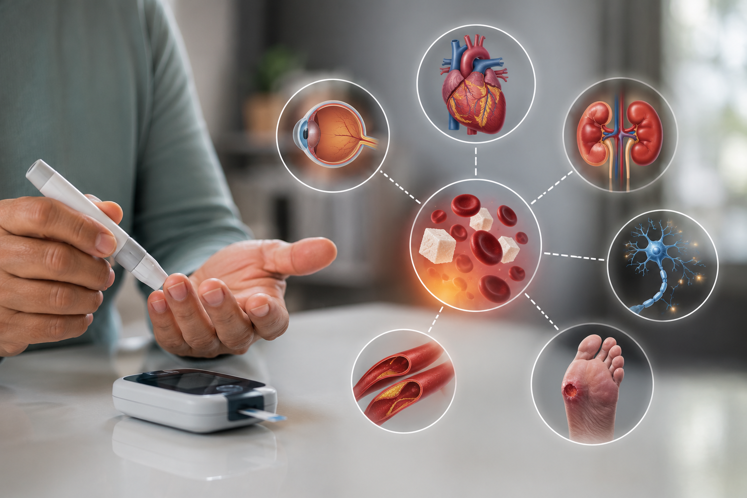 Long-Term Effects of High Blood Sugar: What Uncontrolled Glucose Levels Can Do Healthcare provider reviewing blood glucose test results with a patient while discussing the long-term effects of high blood sugar and strategies for diabetes management.