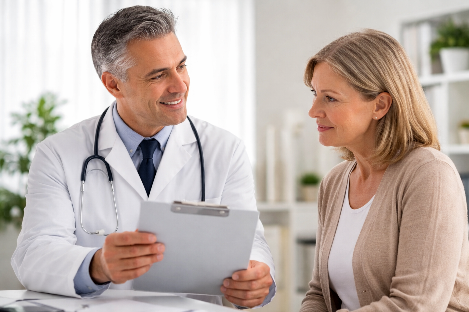 Doctor discussing cancer screening and preventive care with a patient during a routine medical consultation