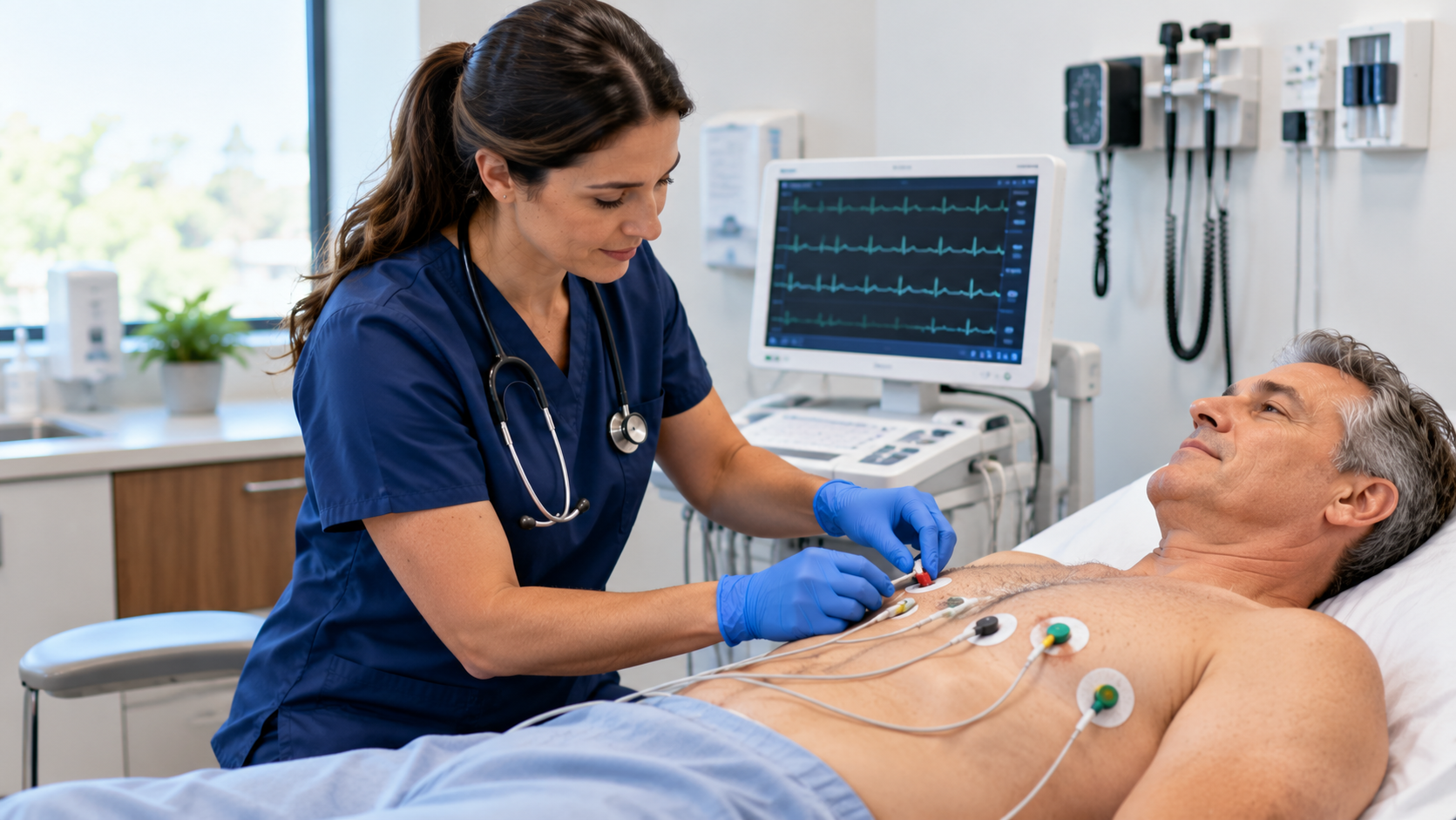 What Happens During an EKG? What to Expect at Your Appointment Medical assistant placing EKG electrodes on a patient’s chest during an appointment