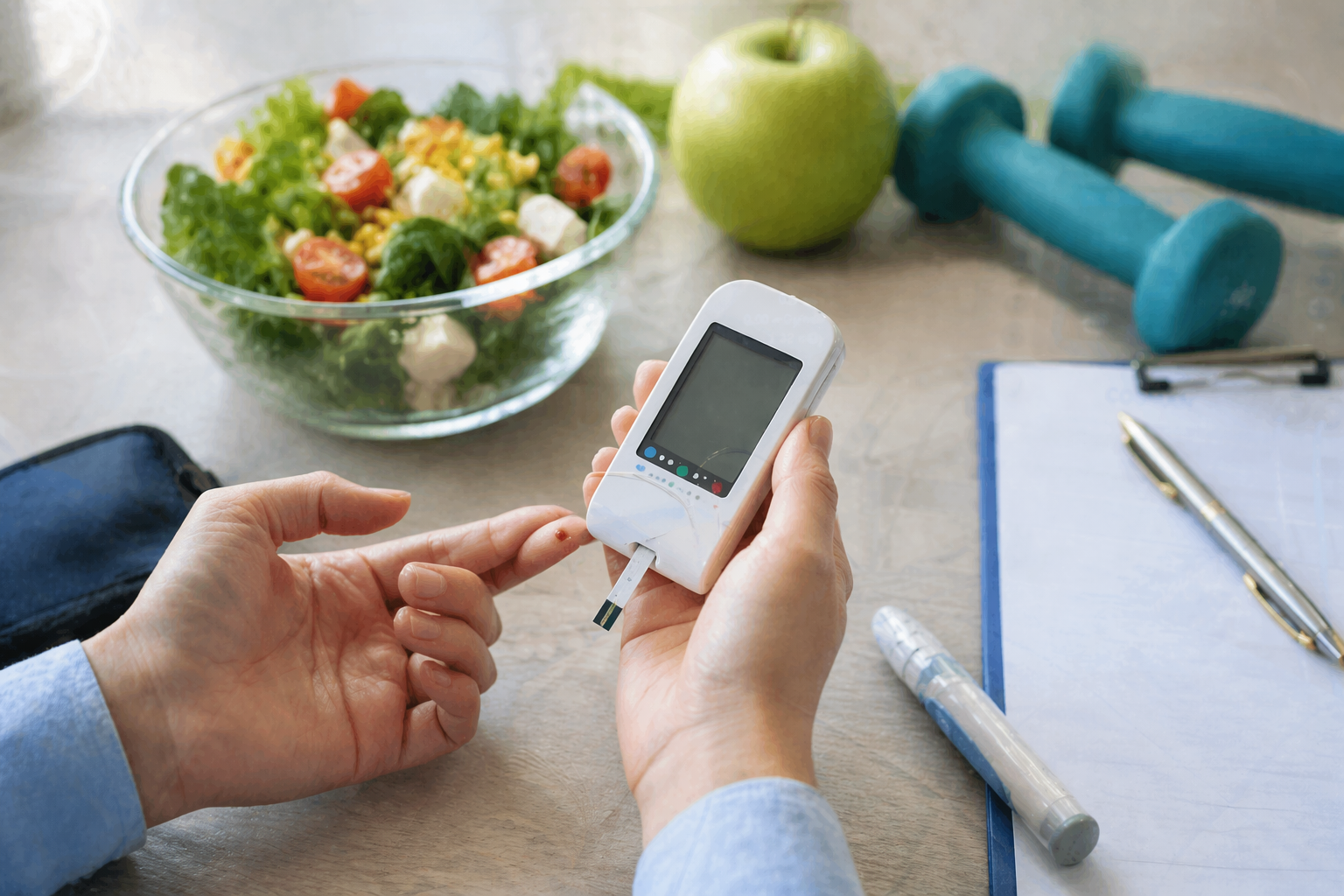 Person checking blood sugar levels with a glucometer while maintaining a healthy lifestyle for diabetes management