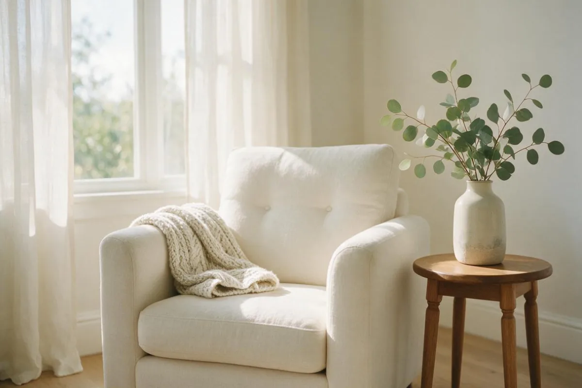 A serene interior with a cream armchair, soft throw, and a vase of greenery by a sunlit window