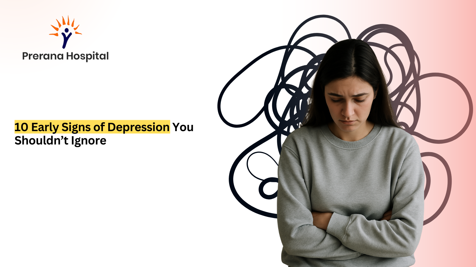 Young woman in gray sweatshirt with somber expression, standing against a plain background, symbolizing mental health struggles and depression.