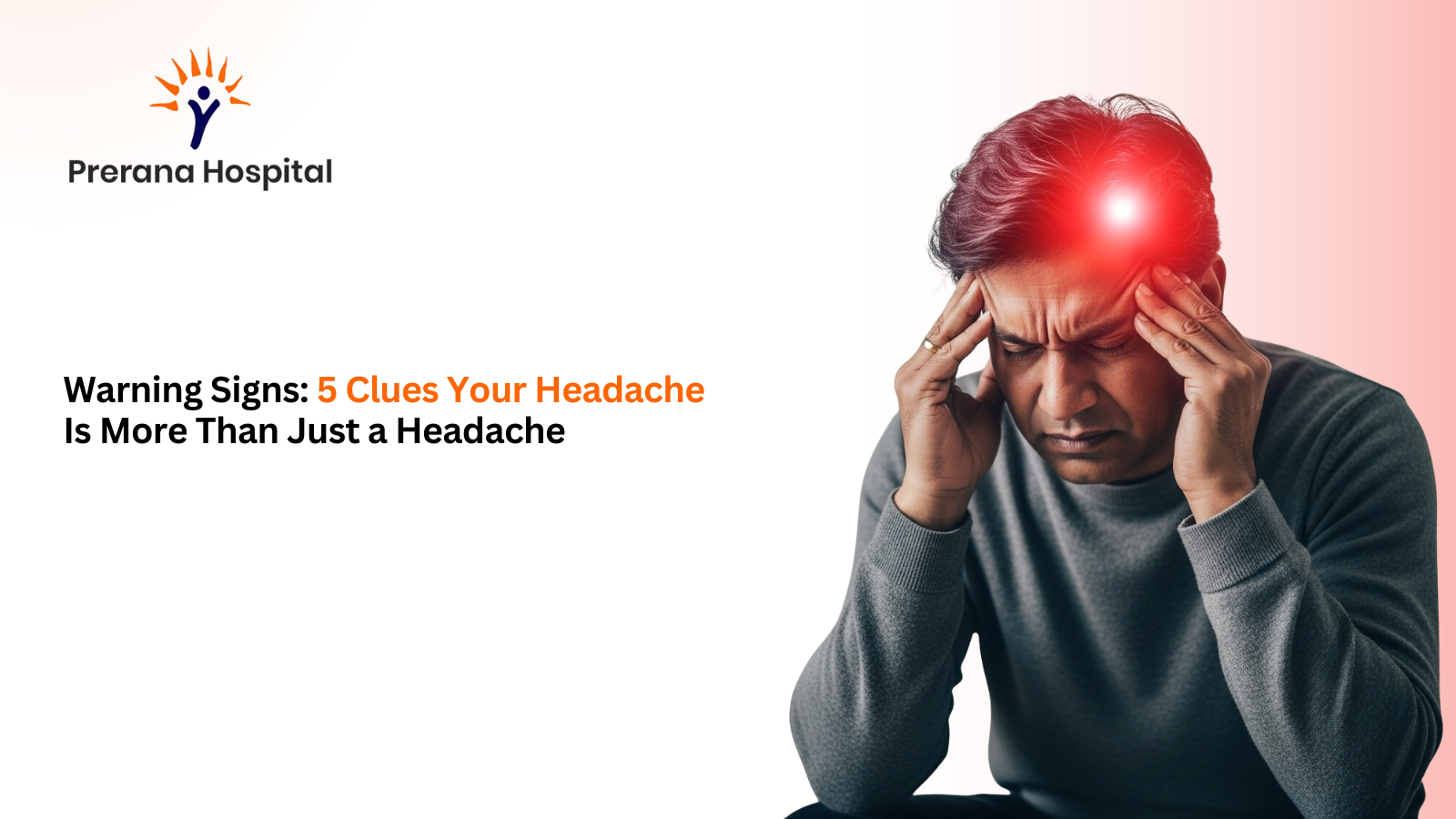 Patient holding head with pain, highlighting red zones, symbolising severe headache symptoms needing urgent medical care