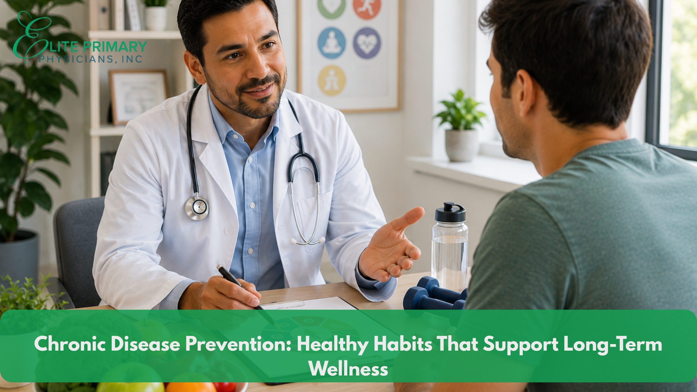 Primary care physician discussing healthy lifestyle habits with an adult patient during a preventive care visit, promoting chronic disease prevention and long-term wellness.