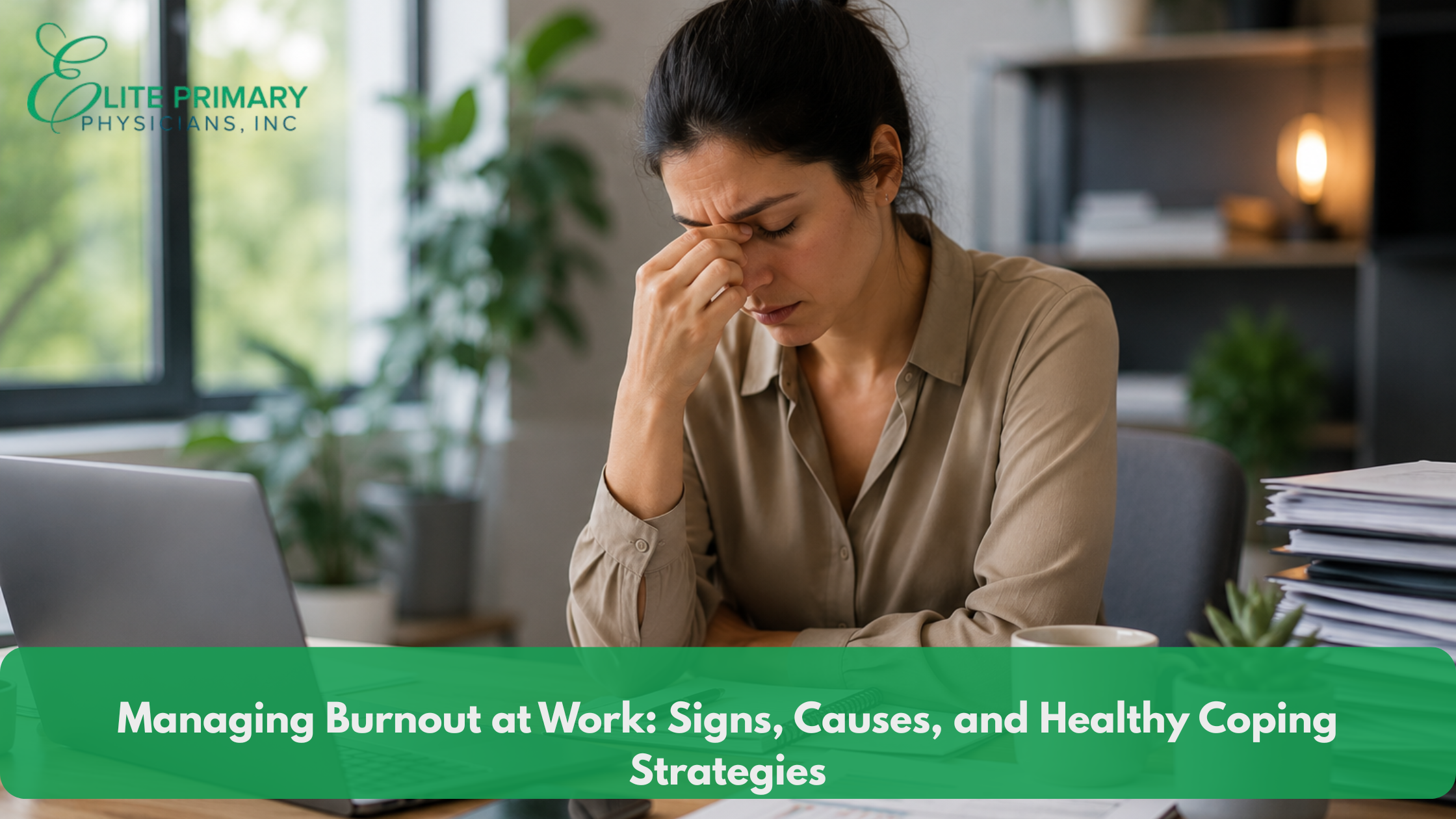Primary care physician discussing workplace burnout, stress management, and healthy coping strategies with an adult patient during a wellness consultation.