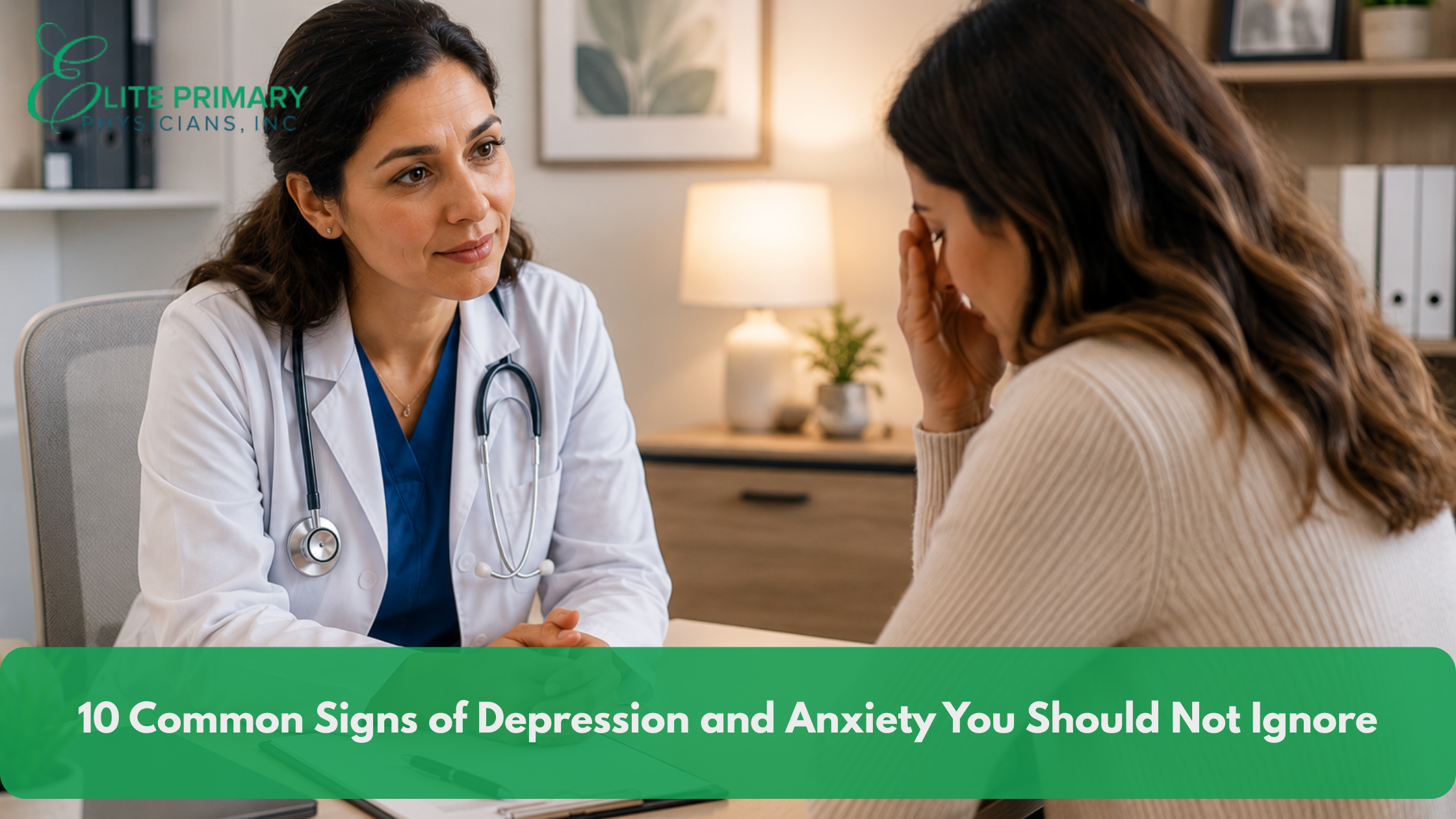 Primary care doctor compassionately speaking with an adult patient about depression, anxiety, and mental health concerns during a private consultation in a modern medical office.
