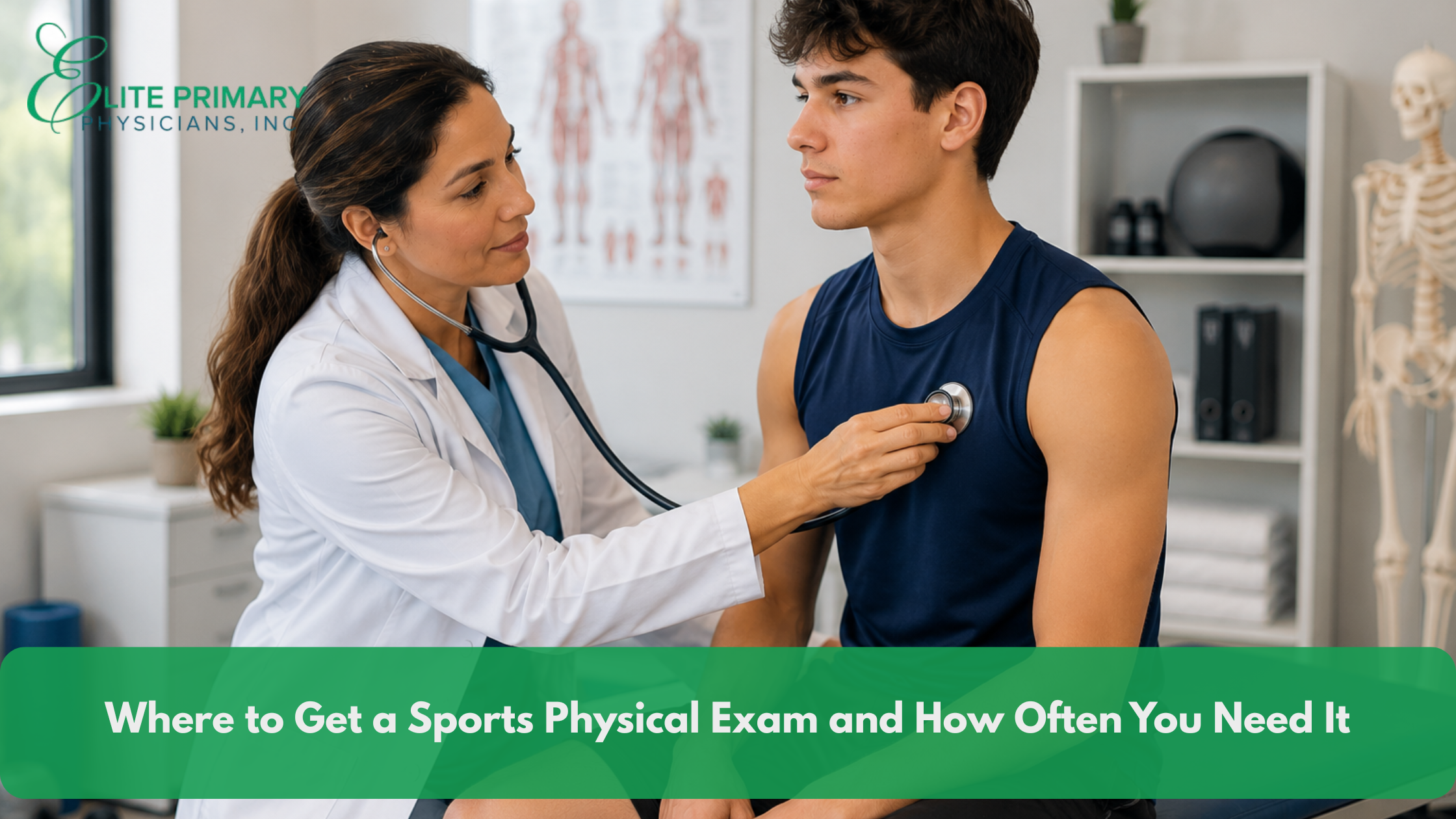 Primary care physician performing a sports physical exam for a young adult athlete in a modern medical clinic before sports participation.
