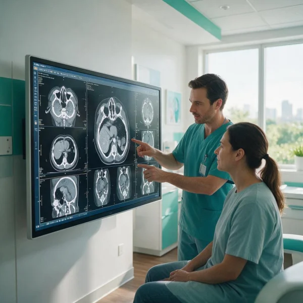 Physician and patient reviewing detailed 3D CT scan results at First Medical Center