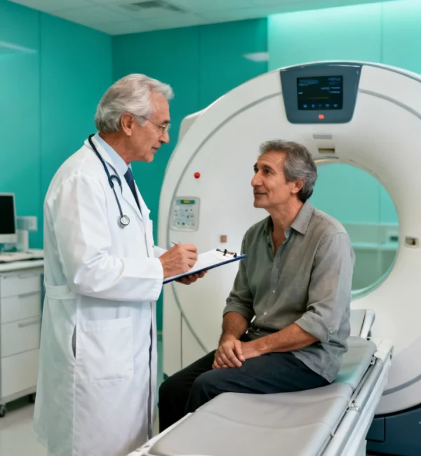 Physician consulting with a patient beside a CT scanner at First Medical Center in Cerritos