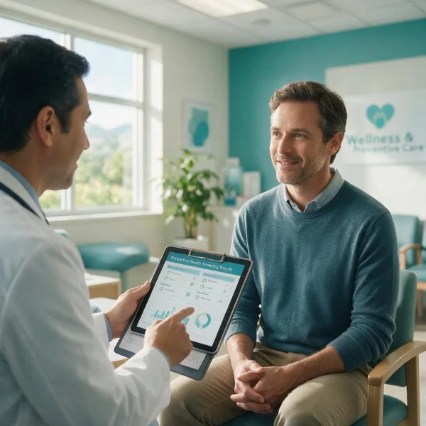 Physician reviewing preventive health screening results with an adult patient in their 40s at First Medical Center