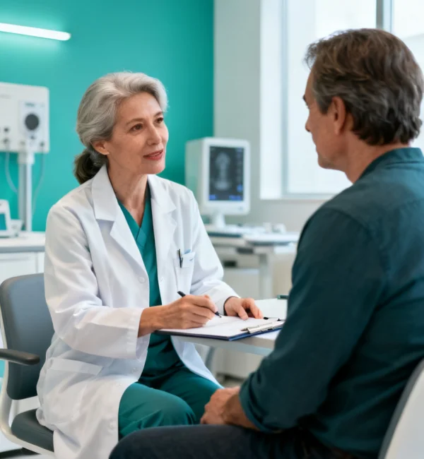 Physician consulting with an adult patient in their 40s at First Medical Center in Cerritos
