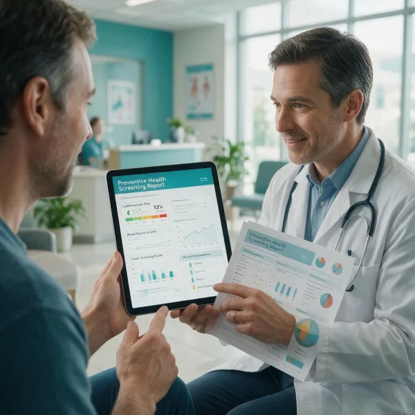 Physician reviewing an in-depth preventive health report with an adult patient in their 40s at First Medical Center