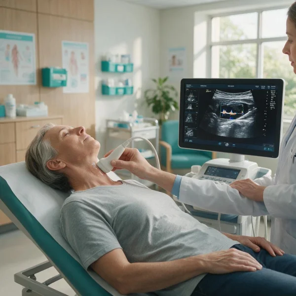 Physician performing a carotid ultrasound screening with a senior patient at First Medical Center