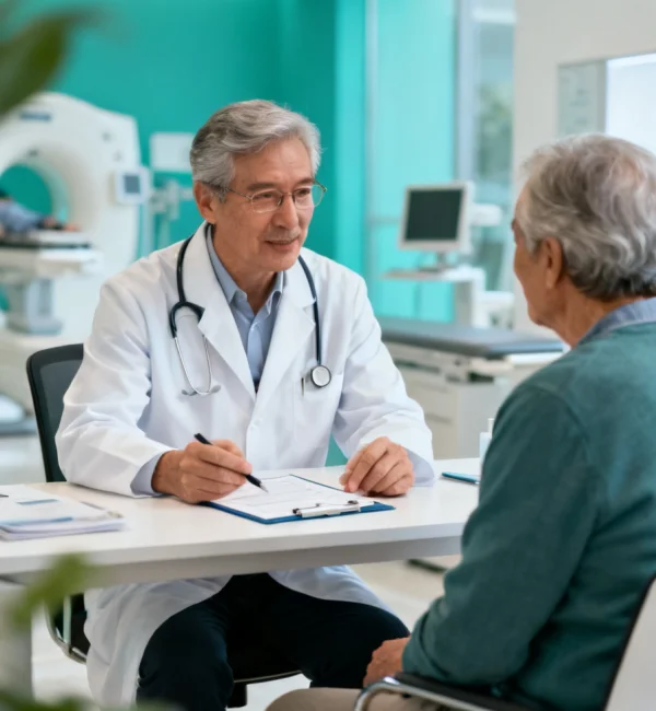 Physician consulting with a senior patient about healthy aging at First Medical Center in Cerritos