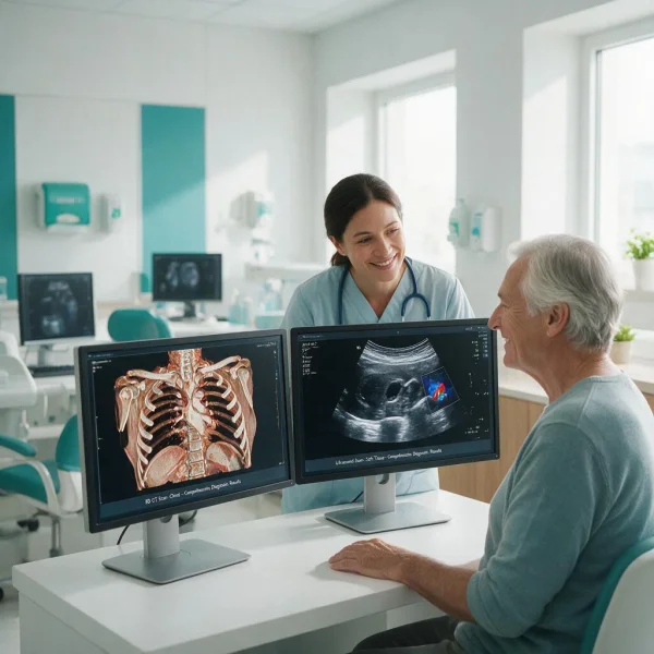 Radiologist reviewing advanced 3D imaging with a senior patient at First Medical Center