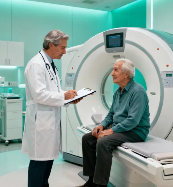 Physician consulting with a senior patient beside advanced imaging equipment at First Medical Center in Cerritos