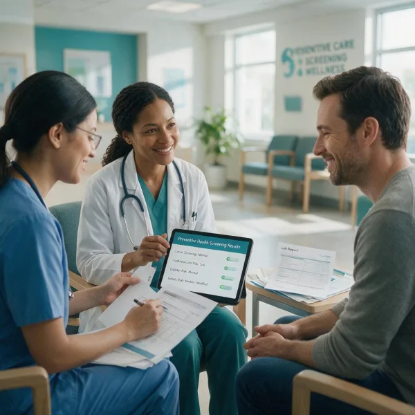 Care team reviewing preventive health screening results with a patient at First Medical Center