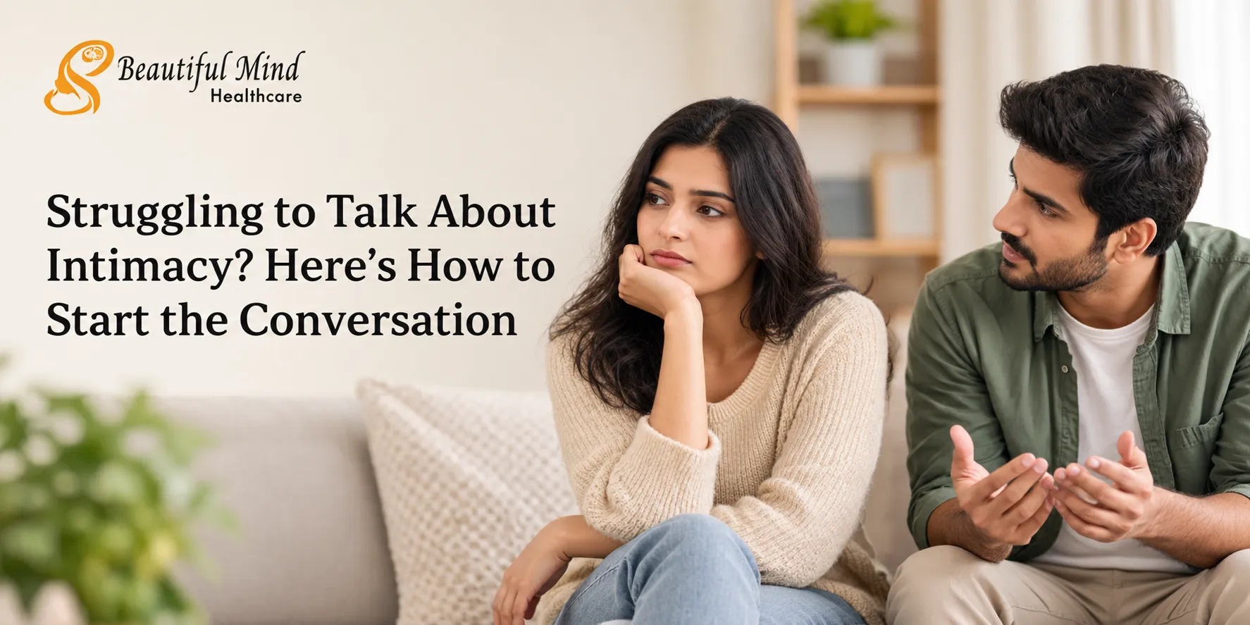 Couple struggling to communicate about intimacy, with one partner feeling distant while the other tries to start a conversation in a supportive home setting.