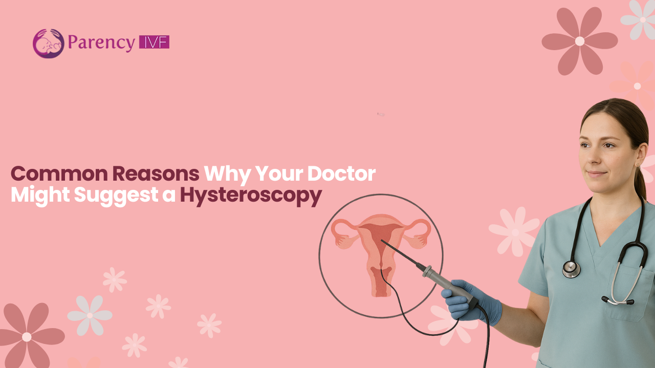 Female doctor demonstrating hysteroscopy procedure with uterus diagram and Parency IVF branding highlighting common reasons