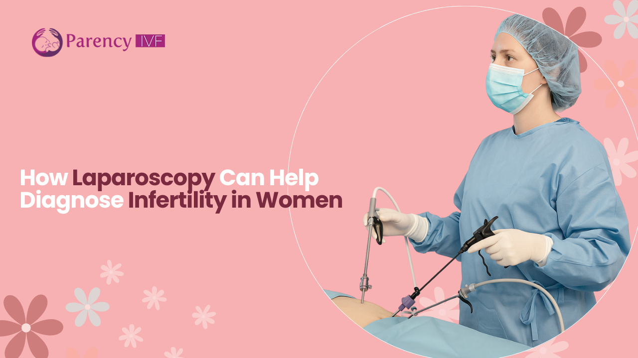 A female surgeon performing laparoscopic surgery on a woman in an operating room, demonstrating infertility diagnosis at Parency IVF.